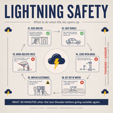 Step-by-step lightning storm safety infographic explaining safe shelters, dangerous outdoor locations, electrical hazards, emergency actions, and storm precautions.