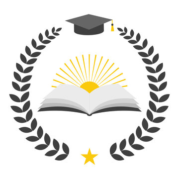 Illustration of a student's cap with a laurel wreath and a book with a sun on a white background