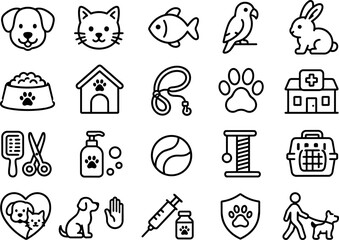 Fototapeta premium 20 pet care and veterinary outline icon set, animal adoption and vaccination vector line art