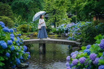 紫陽花の雨庭で小さな橋を渡る女性