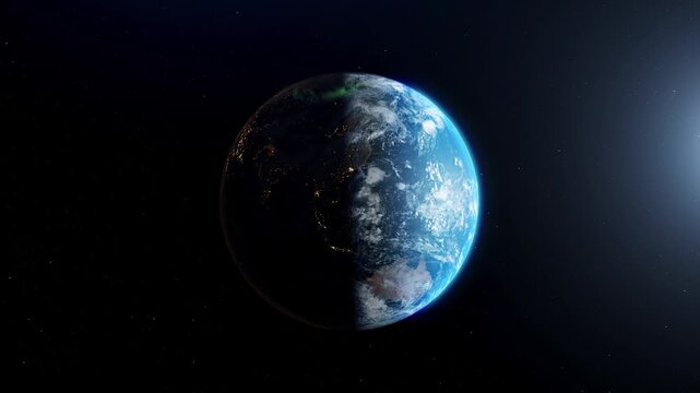 Cinematic view of planet earth from space showing day and night transition with realistic sun light reflection