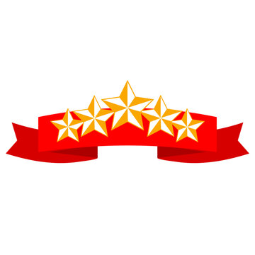 Illustration of a red ribbon and five gold stars on a white background