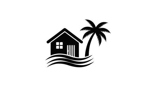 Vector illustration of beach house icon with palm tree and ocean waves on a transparent background