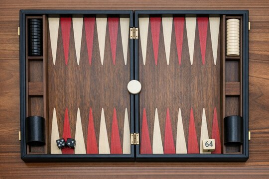 A game of backgammon in progress, featuring two dice and a rolled cube