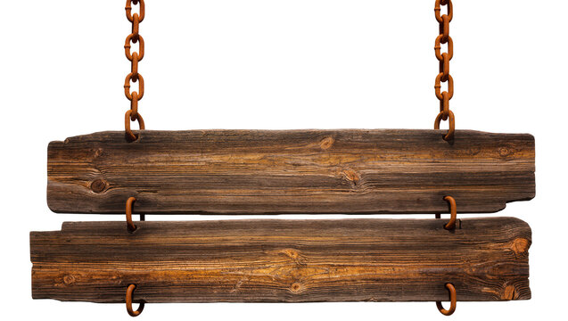 Isolated textured rustic wooden planks sign hanging from weathered old rusty metal chains