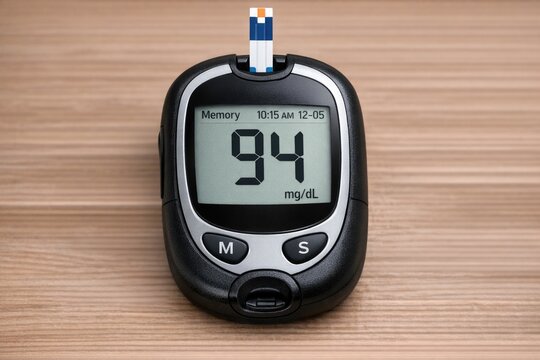 A close-up view of a cell phone on a table, perfect for use in articles about technology, daily life, or as a design element glucometer. Blood sugar measurement.