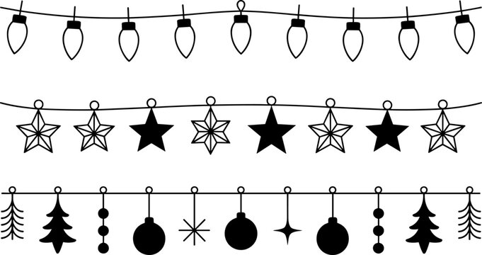 Black and white holiday string lights stars and christmas tree decorations set on a white background