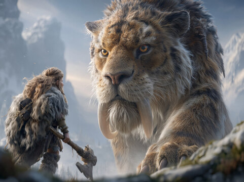 A tiny primitive caveboy wrapped in shaggy animal furs holds a crude stone axe, gazing upward at a towering prehistoric white-furred saber-tooth cat amid misty rocky alpine grassland
