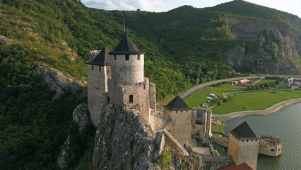 Fototapeta premium Golubac medieval fortress on cliff Danube river