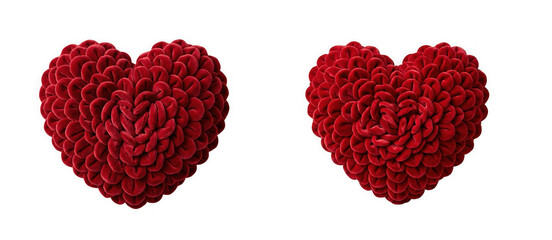 Obraz premium Two red velvet heartshaped pillows with a textured petal design isolated on transparent background