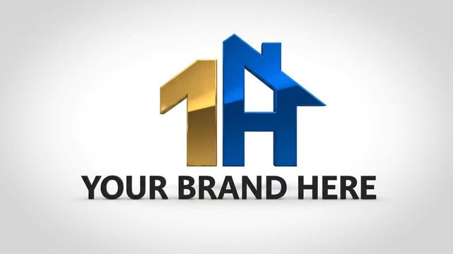 3D gold number one and blue house icon on white background