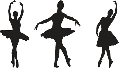 Elegant black silhouettes of three graceful ballerinas performing classical dance poses isolated on a plain white professional studio background screen © Raihan