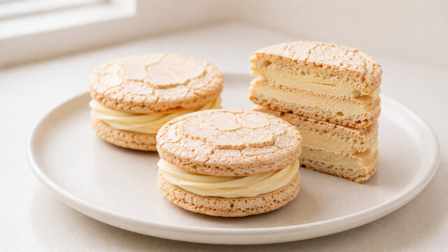 French Dacquoise Almond Cake With Soft Cream Layers in Bright Cafe Style
