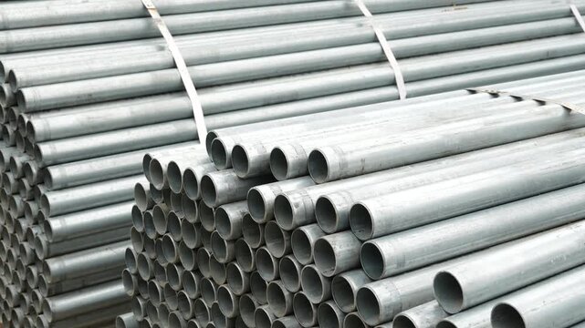 Bundles of stacked galvanized steel pipes bound with metal straps at a construction materials warehouse. Industrial metal texture, manufacturing and supply chain concept