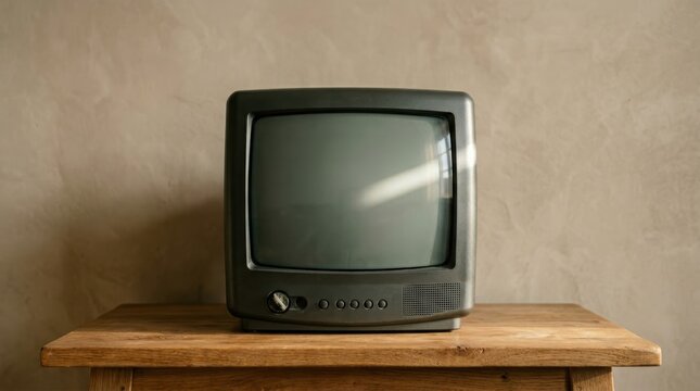 Old cathode ray tube television standing on a wooden table. Classic vintage electronic device for entertainment and media history display. Retro room interior and nostalgic home decor.