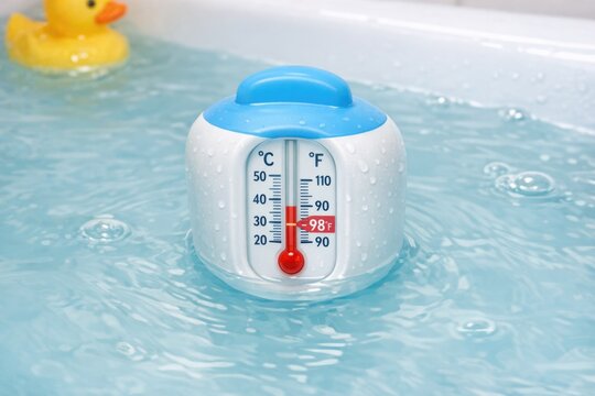 A thermometer in a bathtub with a rubber duck, perfect for bath time or as a decorative element