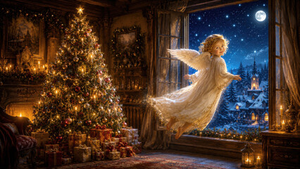 Naklejka premium Traditionelles Christkind schwebt vor offenem Fenster in festlicher Weihnachtsstube, umgeben von Kerzenlicht, Geschenken und winterlicher Abendstimmung.