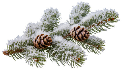 Isolated fir branch with two pine cones covered in fresh snow and delicate ice crystals © Vincent