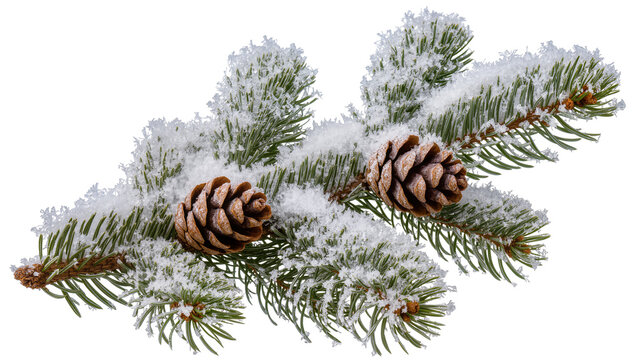 Isolated fir branch with two pine cones covered in fresh snow and delicate ice crystals