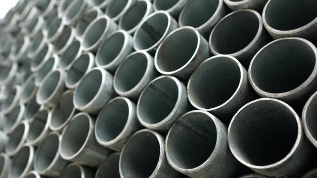 Stacked metal steel pipes arranged in warehouse storage forming industrial geometric pattern for construction infrastructure supply