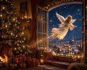 Obraz premium Deutsches Christkind fliegt durch ein offenes Fenster hinaus in die verschneite Winternacht und hinterlässt funkelnden goldenen Sternenstaub.