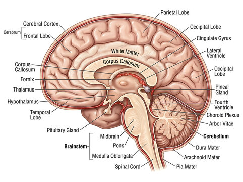Human brain sagittal section anatomy diagram illustration isolated on white background