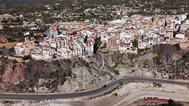 Aerial View of Finestrat White Village on Cliff in Alicante Spain