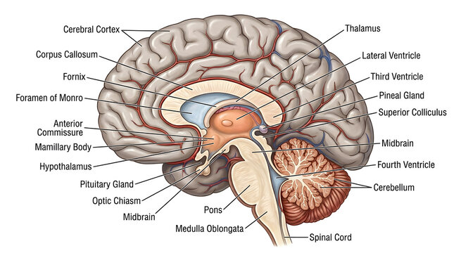 Human brain sagittal section labeled anatomy diagram isolated on white background