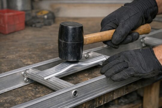 A person using a hammer to cut a piece of metal