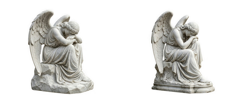 Two white marble statues of a mourning angel sitting on a rock isolated on transparent background
