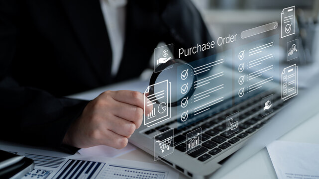 Business Professional Analyzing Digital Purchase Order on Laptop with Graphs and Checkmarks for Efficient Transaction Management. Bitwise.