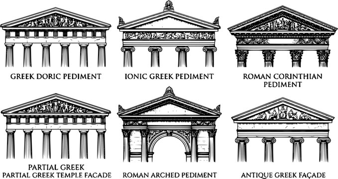 Ancient pediments. Greek and roman architecture temple facade with ancient pillars vector illustration set. Antique architectural pediments elements