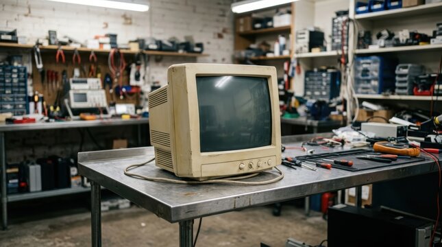 Old cathode ray tube computer monitor sitting on a metal workbench in an electronics repair workshop. Vintage technology hardware and restoration of legacy electrical equipment components.