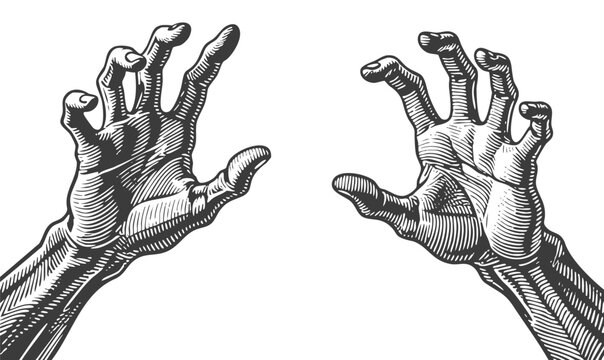 Creepy hands reaching out in retro woodcut engraving style isolated on white background