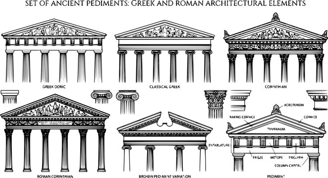 Ancient pediments. Greek and roman architecture temple facade with ancient pillars vector illustration set. Antique architectural pediments elements