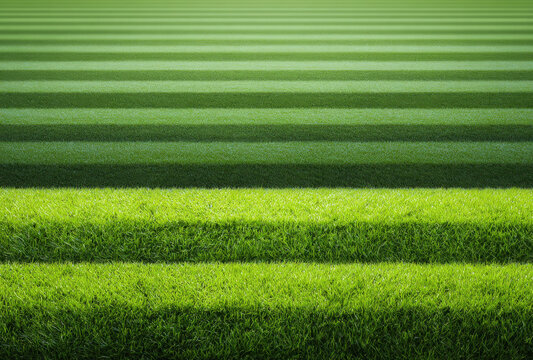 Pattern of alternating light and dark green grass stripes on a sports field with a blurred background, showing a textured, lawn surface