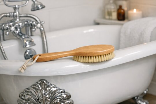 A wooden brush sits on the edge of a bath tub, ready for use