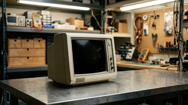 Old vintage monitor on workbench in electronic repair workshop. Retro computer screen in laboratory for technology development. Nostalgic tech hardware for retro computing hobby concept.