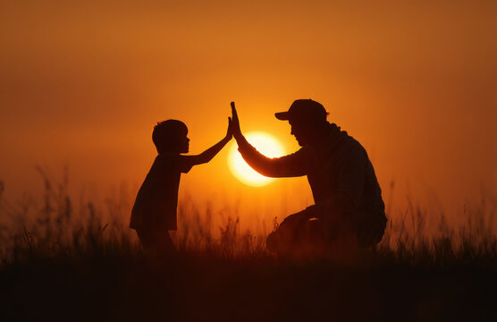 Silhouette of a father and his young son giving a five against a bright golden sunset sky in an open field with tall grasses visible