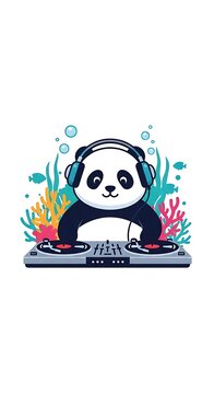 Whimsical illustration of a panda wearing headphones and DJing, set against a backdrop of coral and aquatic elements