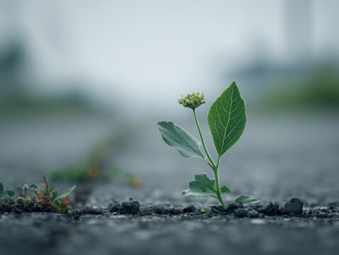 Small green plant growing through a crack in the grey asphalt road showing resilience and nature reclaiming the urban environment in daylight
