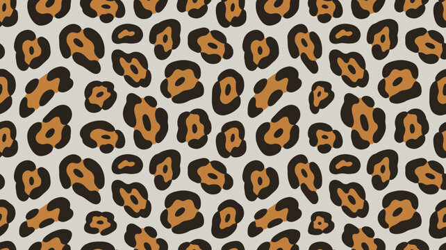 Seamless repeating pattern of stylized leopard spots in shades of brown and black on a light gray background, for fashion textiles, and interior wallpaper decor