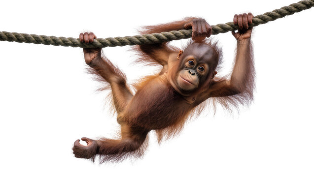 Isolated cute baby orangutan hanging playfully on a rope with a sweet expression