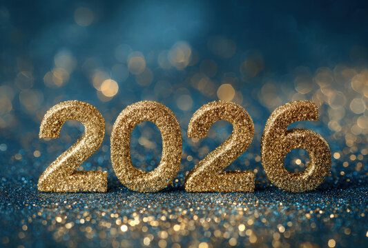 Sparkling golden 2026 digits placed on a dark blue textured surface with blurred bokeh lights creating a festive atmosphere for the new year event