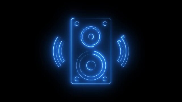 Blue neon speaker icon glowing on black background for audio sound music or loudspeaker.