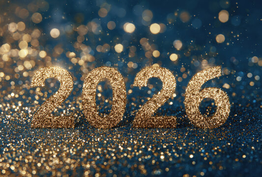 The year 2026 written in large golden glittery numbers against a dark blue background, with sparkling bokeh, lights and golden, particles floating