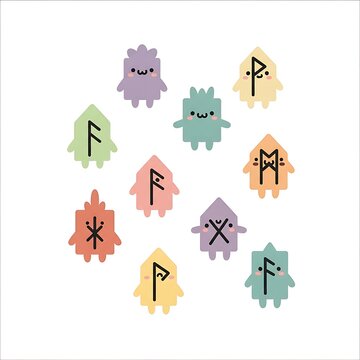 Whimsical illustration of pastel-colored, house-shaped figures each with a cute face, and adorned with different runes