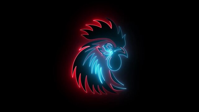 Red and blue neon rooster head icon glowing on black background for poultry farming or chinese zodiac.