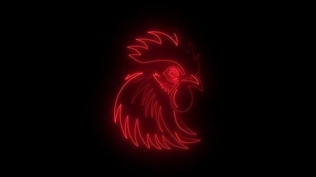 Red neon rooster head icon glowing on black background for poultry farming or chinese zodiac concept.