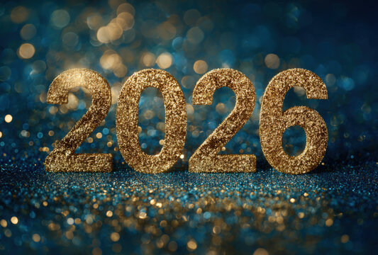 The year 2026 written in large golden glittery numbers against a dark blue background, with sparkling bokeh, lights and golden, particles floating